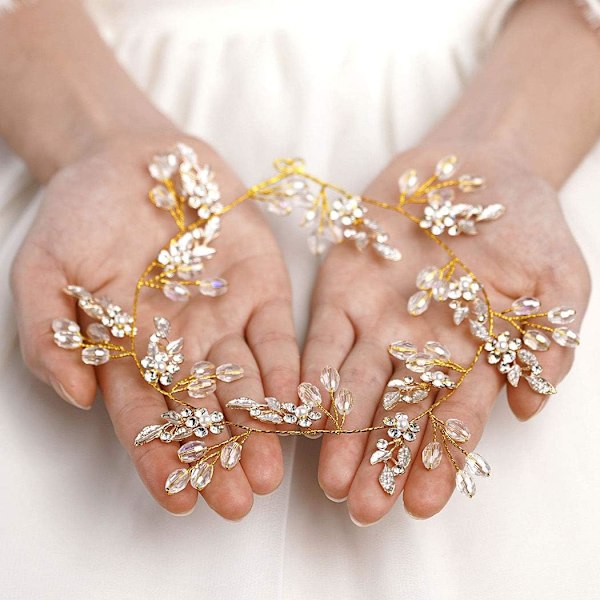 Blad Bröllop Hår Vine Blomma Brud Hårbit Kristall Rhinestone Lång