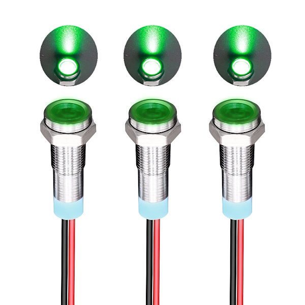3 stk Grønn 12V-24V 6Mm 1/4\" LED Metall Indikatorlys Hode