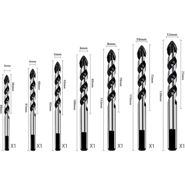 7-delt flermaterialsborrsett for fliser, betong, murstein, glass, plast