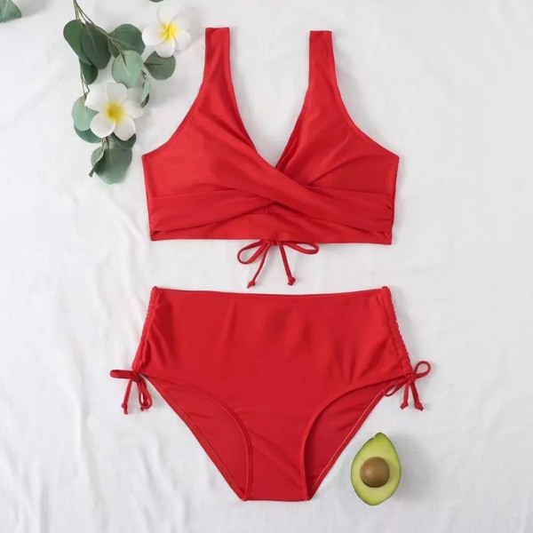 ASKSA Dam Baddräkt Set Crossover Rygg Baddräkter Badkläder Dragsko Sida Strandkläder Baddräkt, Röd, XL Red XL