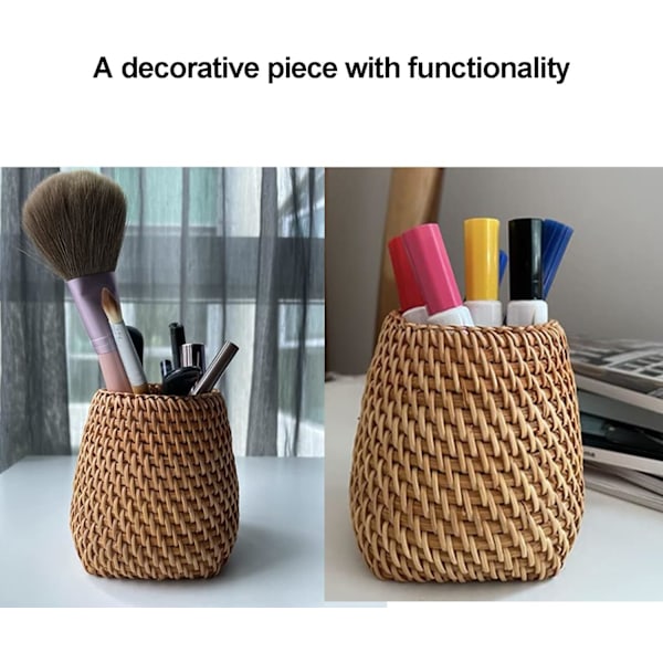 Fletkurv Rattan Penneholder, 2 stk Pensel Makeup Børster Holder Cylinder Kurve til Skrivebord, Skrivebordstilbehør & Arbejdspladsarrangører til Hjem, Kontor,