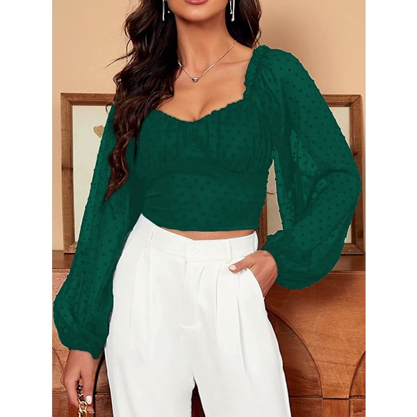 Kvinners gjennomsiktig mesh langarmet crop top scoop hals sveitsiske prikker elegant bluse