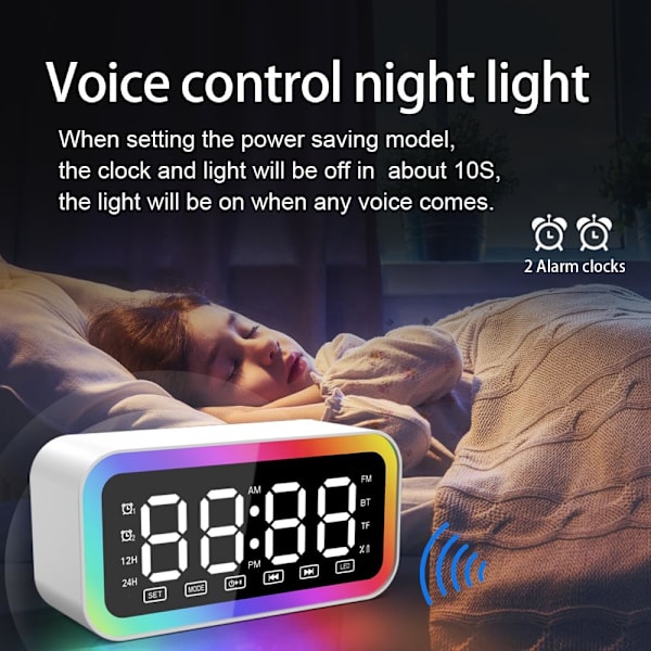 Stor digital dubbel väckarklocka med snooze, Bluetooth-högtalare med HIFI-stereo, 3-nivåers dimbar, färgglada LED-lampor, röstaktiverad, vit