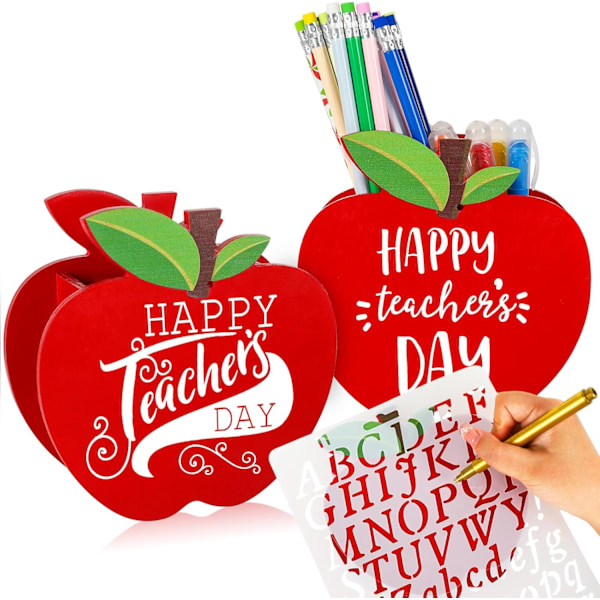 2 stk Techer pprecition Gifts eple Sh n Holder med lphbet Nummer Mugg Rød Tre n Orgnizer Skrivebord n Beholder for Kontor Skole rød