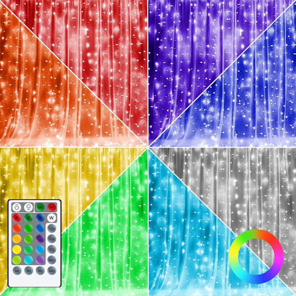 Fönstergardin ljusslingor, 300 LED RGB färgskiftande koppar ljusslingor