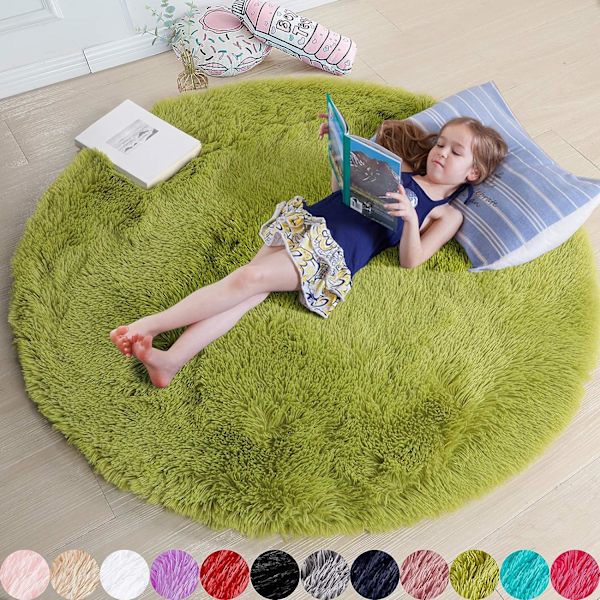 Gräsgrön rund matta för sovrum, fluffig cirkelmatta 4'X4' för barnrum, pälsmatta för tonårsrum, lurvig cirkelformad matta för barnrum, fluffig plysch
