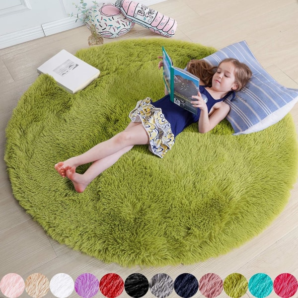 Grønn rund teppe for soverom, fluffy sirkulær teppe 4'X4' for barnerom, lodne teppe for tenåringsrom, shaggy sirkulær teppe for barnerom, fuzzy plysj