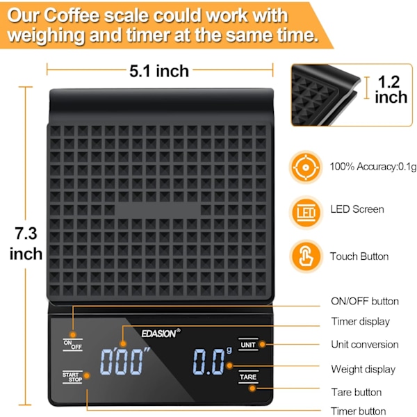 Digital Kaffevåg - 0,1g/3kg Precision, Timer, Vattentät, Stor LED-display (Svart)