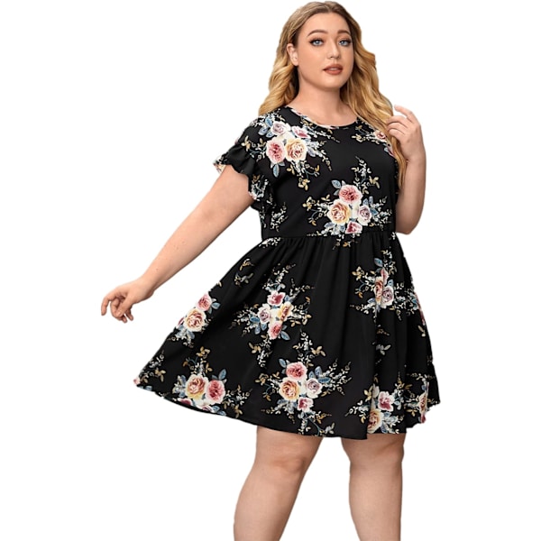 Plus Size Dame Tropisk Blad Print Flæseærmet Plisseret Kort Kjole