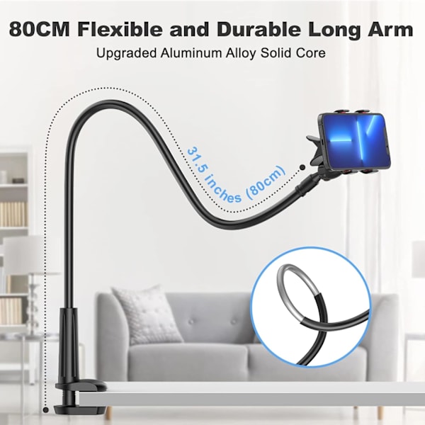 Gooseneck Mobiltelefonholder, Universal 360 Fleksibel Telefonstander Lazy Bracket Mount Lange Arme Klemme til Telefon 13 Pro Xs Max XR X 8 7 6 6s Plus og Andre