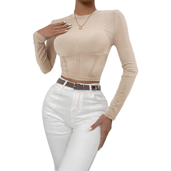 Kvinnors Mock Neck Långärmad Ribbstickad Slim Fitted Crop