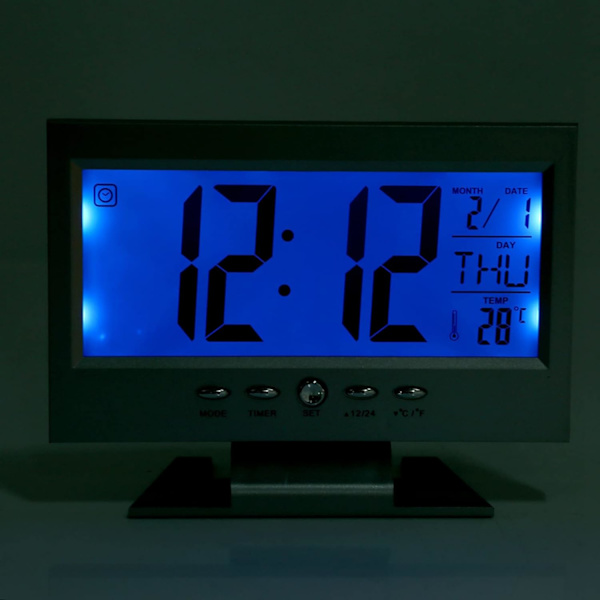 Bordsur, LCD-display Digital Sound Sensor Klocka Bordslarmklocka med Smart Nattljus och Snooze Tid/Kalender/Temperatur Display(Silver)