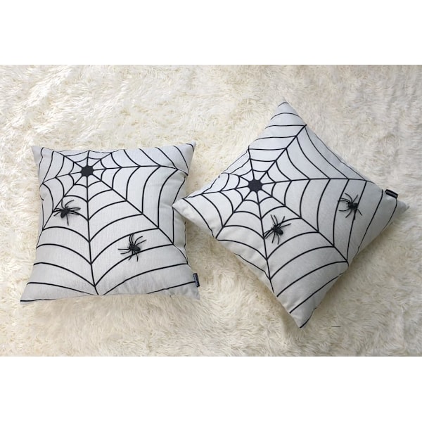 Halloween putetrekk, sett med 2 18 x 18 tommer 3D edderkopper og nett putetrekk, håndsydde sorte edderkopper på naturlige poly lin putetrekk