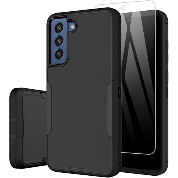 Kotelo Galaxy S21 FE 5G -puhelimelle ja lasinen näytönsuoja, pölytiivis porttisuojus, täysikokoinen suojaava kestävä kumikuori, musta musta