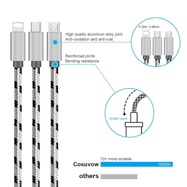 3-pak 1ft multi-opladningskabel kort multi-opladerkabel 3A hurtig