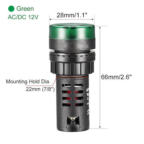 5 stk. grønne indikatorlamper med summer AC/Dc 12V. 22 mm