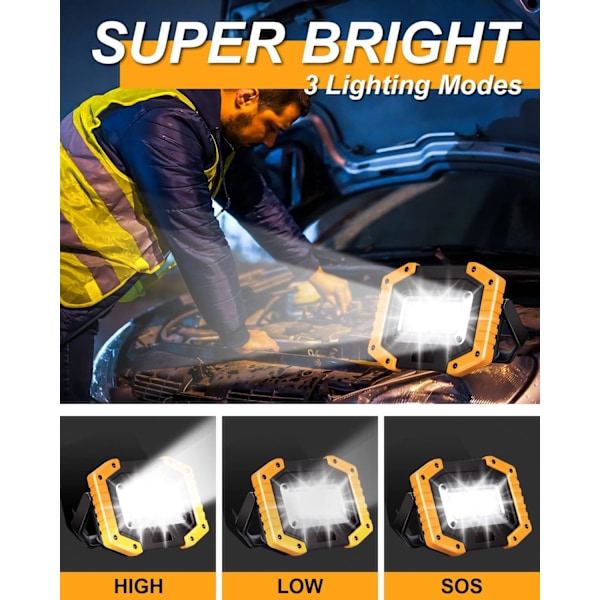 30W Oppladbar COB Arbeidslampe - 2000LM Super Sterk Flomlys | USB Bærbar & Vanntett for Utendørs