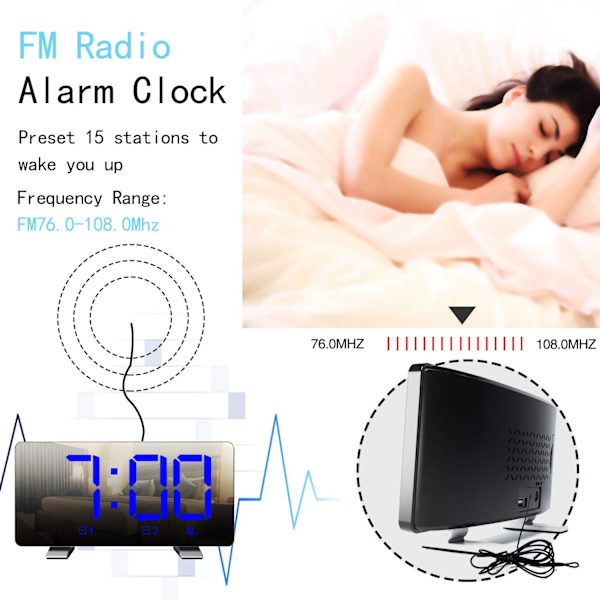 Digital väckarklocka med radio (76,0 MHz-8,0 MHz) 2 larminställningar USB-port för laddning 4 justerbar ljusstyrka Snooze digital klocka för barn Blå