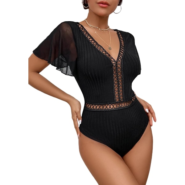 Women's Sexy Lace Mesh V Neck Short Sleeve High Waist Stretchy Bodysuit