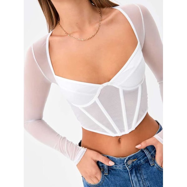 Kvinners Sweetheart Neck Sheer Mesh Langærmet Bustier