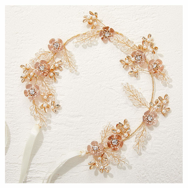 Rosegull Bryllups Hodebånd for Brud. Blomster Brude Hodebånd Rhinestone