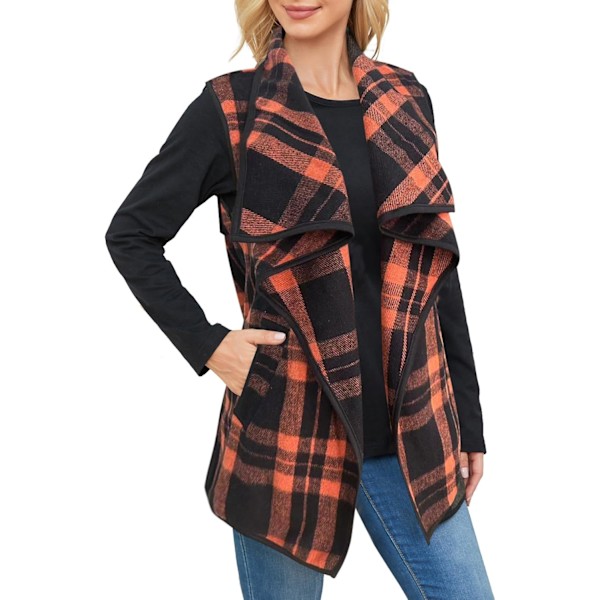 Dame Vest Lapel Åben Front Buffalo Ternet Ærmeløs Cardigan Jakke Frakke med
