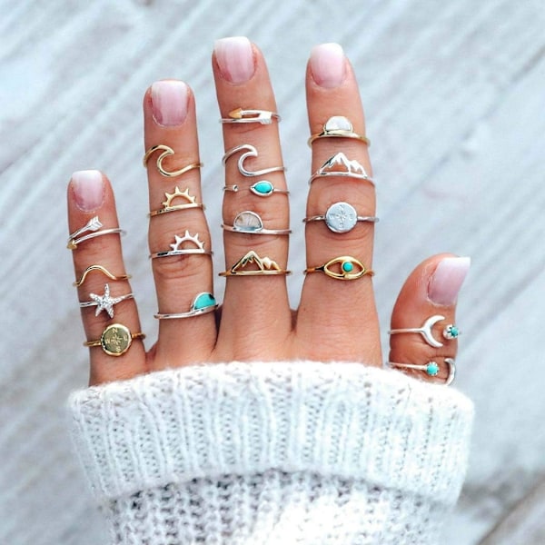 Boho Turquoise Knuckle Rings Set: Gold and Silver Wave Joint Stackable Rings