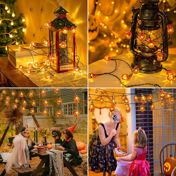2 Pakke Solcelledrevne Halloween Græskar Lyskæder, 20ft, 30 LED'er, 8 Lystilstande, Vandtætte, Indendørs/Udendørs Brug Orange Græskar, 2PAKKE