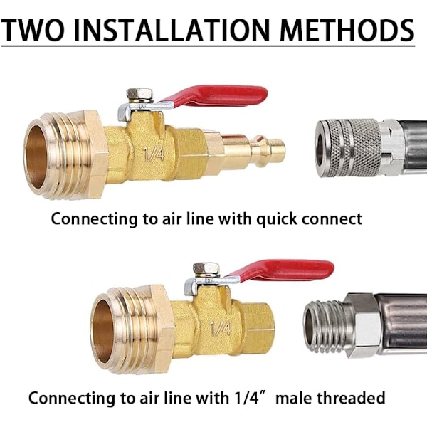 2 stk. RV vinterklargøringsudblæsningsadapter i massivt messing med kugleventil 1/4\"