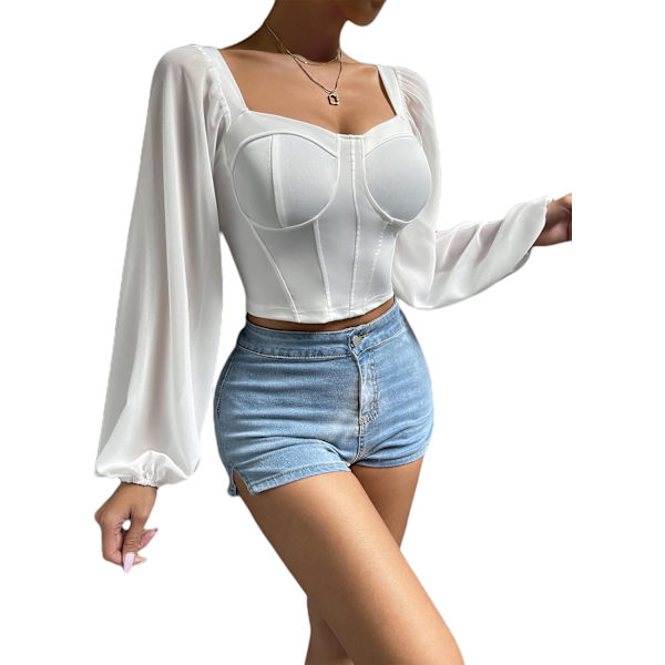 Kvinnors off Shoulder Sheer Sleeve Korsett Top Dragkedja tillbaka