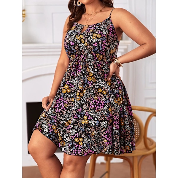 Kvinnors Plus Size Ditsy Blommig Mönster Cut Out Spaghetti Rem Hög Midja Flared