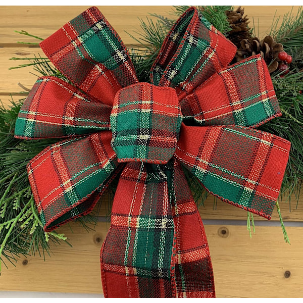 Grön röd rutig julbåge - 10\" bred, 18\" lång förbunden båge, tartan, dörr