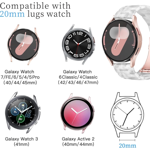 Resinband kompatibel med Galaxy Watch 7 FE 6 5 40mm 44mm/Pro 45mm, Galaxy Watch 4 40/44mm, Galaxy Active 2 40/44mm, 20mm band för Galaxy Watch