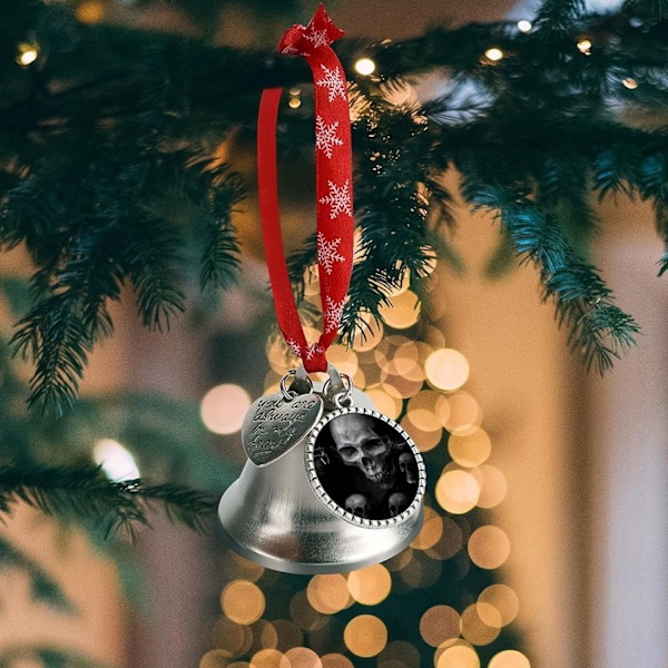 Läskig mörk dödskalle silverklocka prydnad julgransklockor med rött snöre metall Xmas hängande dekorationer för semesterfest  Love Bell  Love