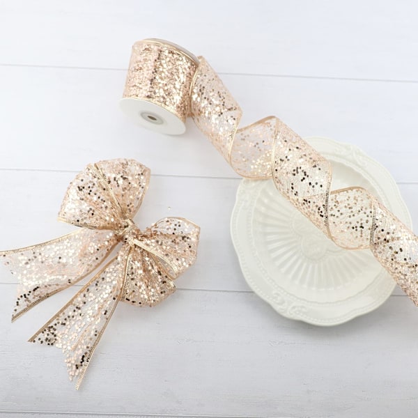 Rose Gold Wired Ribbon 2,5 Tommer Rose Pink Shimmery Glitter Metallic Ribbon Mesh