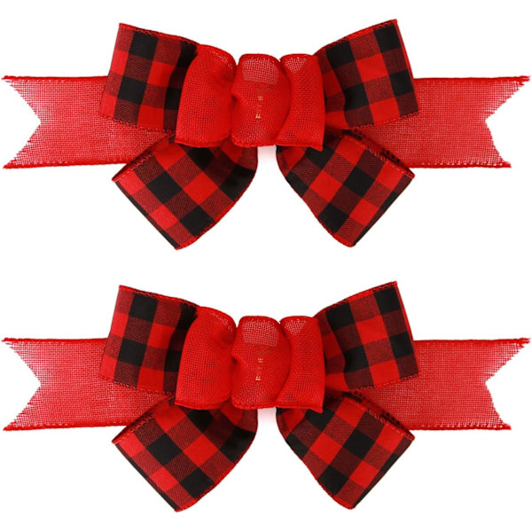 2 stk. Sort og rød Buffalo Plaid kablet bånd Håndlavet forhåndslavet Burlap buer