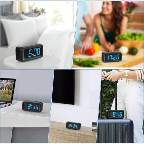 Väckarklocka, sladdansluten/batteridriven, uppgraderad större knapp, 1,2-tums LED-siffervisning, justerbar LED-ljusstyrka, 12H/24H, blå LED-display