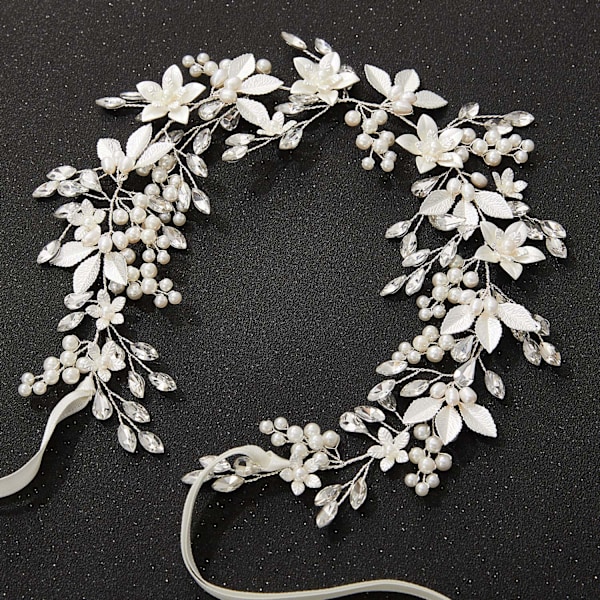 Håndlaget brudehodebånd med rhinestones, blomster og blader