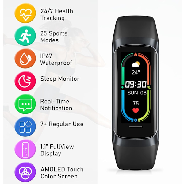 Fitness Tracker, Hjärtfrekvens, Stegräknare, Sömn, Kaloriförbränning, 1,1\" AMOLED Touch Färgskärm, Vattentät Stegräknare för Android iPhone Black