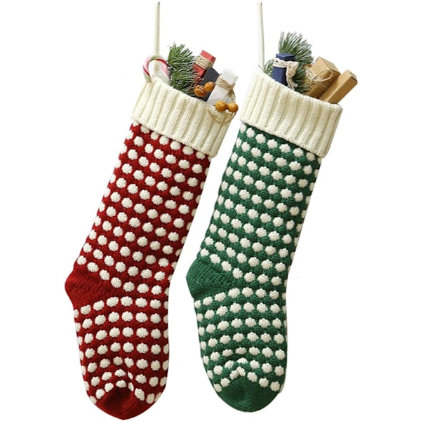 18 unika vinröda och gröna stickade julstrumpor prickar (2-pack)