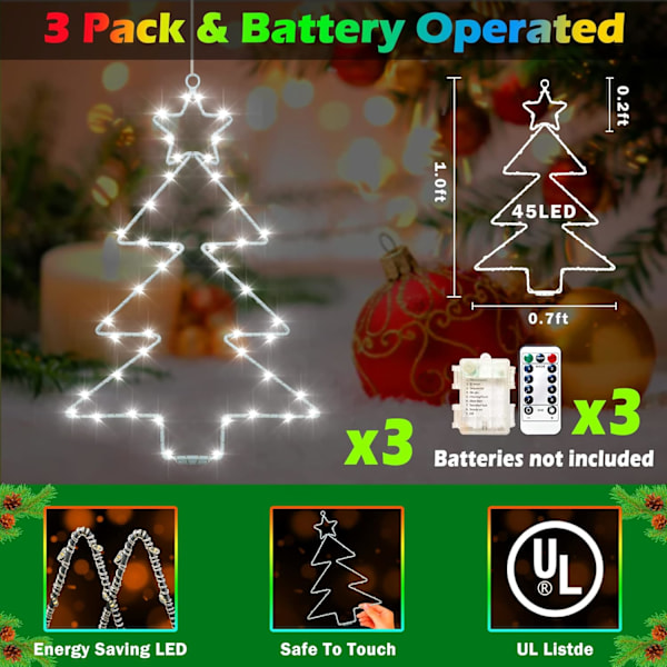 Julevindulys 3-pak batteridrevne LED-trelys 8 moduser timer