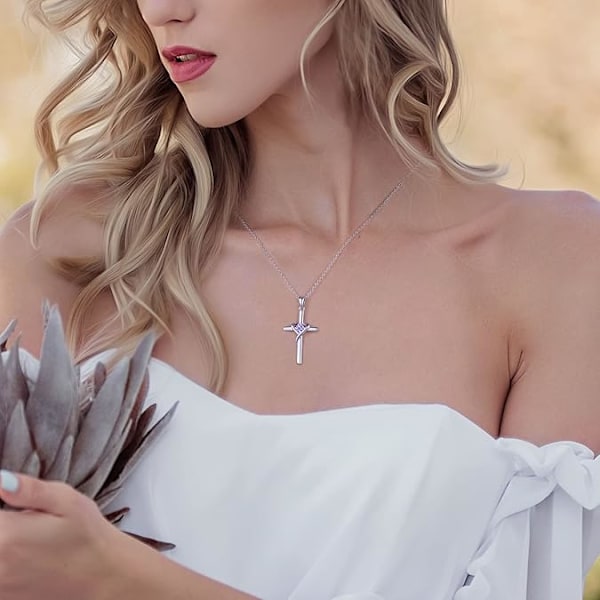 Juni Födelsesten Korshalsband - 925 Silver med 5A CZ & 14K Guld/Roséguld - Alexandrit Ljuslila Unisex Smycke