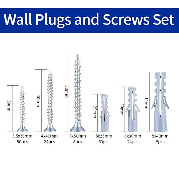 164 stk skruer og veggplugger sett - murfeste