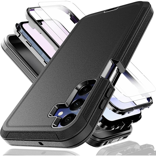 til Galaxy A15 5G Cover med Eksplosionssikker Film [2 Pak], 3 i 1 Stødsikker TPU Hård PC Bumper Faldsikker Skal til Galaxy A15 5G, Sort Sort