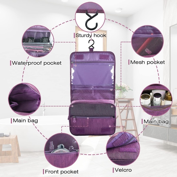 Hengende reisetoalettposer, bærbar vaskepose, multifunksjonell vanntett stor kapasitet og praktiske sminkekosmetikkvesker for kvinner og menn (lilla