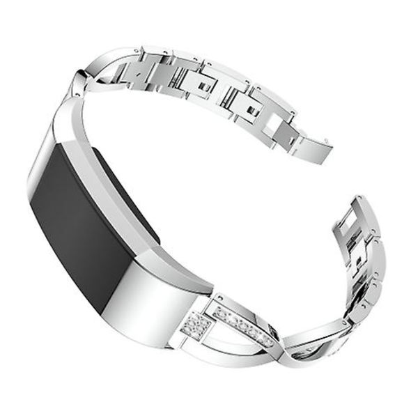 X-formet diamantbesat massivt rustfrit ståls urrem til Fitbit Charge 2 OMH Silver
