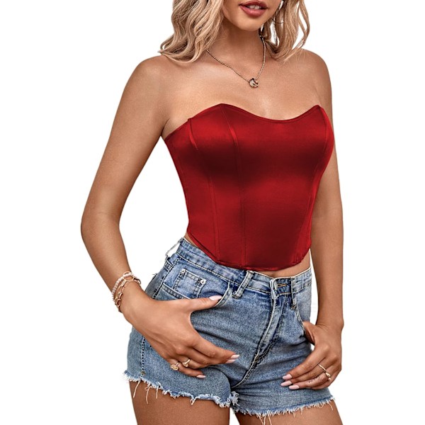 Kvinde Sexet Satin Hjerteformet Hals Crop Tube Top Stropløs Bustier Cami Korset
