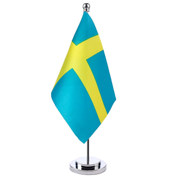 Sverige enkelskotts skrivbordsflaggdräkt, metallflaggstativ