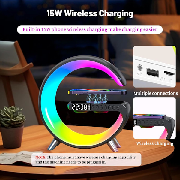 Vækkeur med trådløs opladning Bluetooth-højttaler, G-formet 4 i 1 trådløs oplader natlyslampe, intelligent LED-bordlampe, smart sort