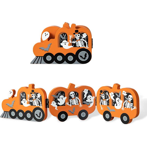 glitzhome     Skeletons and Ghosts Hinged Pumpkin Train Table Decor 16\" L, Farmhouse Rustic Wooden     Desktop Decorations, Foldable Wood Train Decor